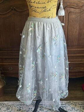 Light Gray Embroidered Tulle Midi Skirt